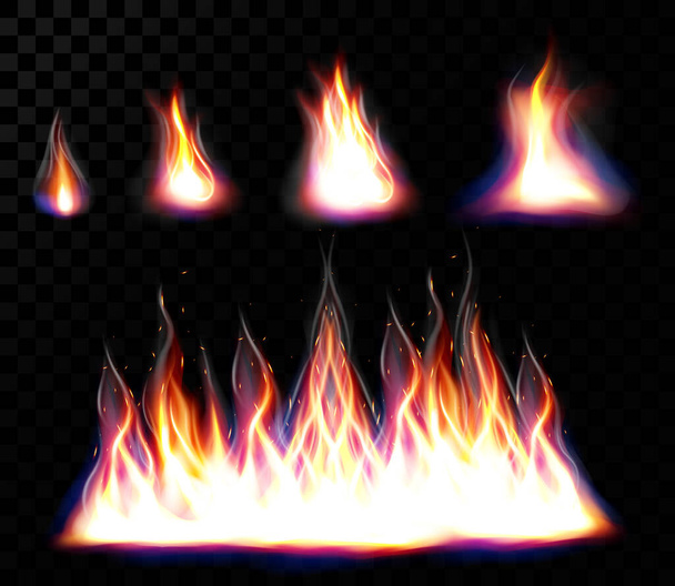 Sammlung der großen Flamme und des kleinen realistischen Feuers - Vektor, Bild