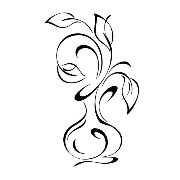 stylized vase with leaves and curls in black lines on a white background - Vector, Imagen