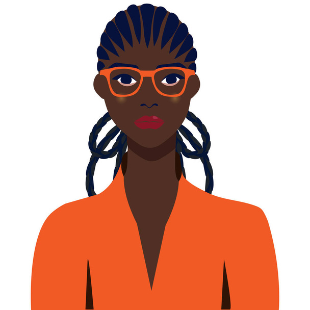 Retrato de una hermosa mujer africana con gafas. Retrato femenino. Concepto de belleza negra. Naciones y razas. Estudiante americano. Ilustración plana vectorial. Ideal para avatares. - Vector, imagen