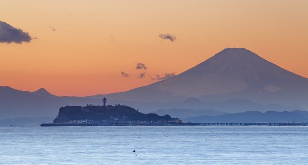 Mountain Fuji at sunset time from Sagami bay , Kamakura city - Photo, Image