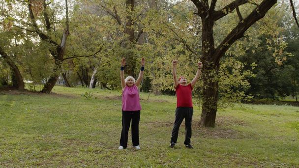 Coppia anziana attiva che fa sport esercizi fisici all'aperto nel parco cittadino. Allenamento mattutino - Foto, immagini