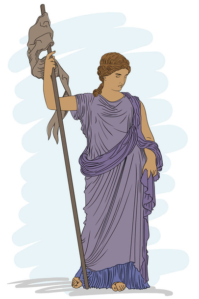 Mladá štíhlá žena ve starověké řecké tunice s praporcem v ruce. - Vektor, obrázek