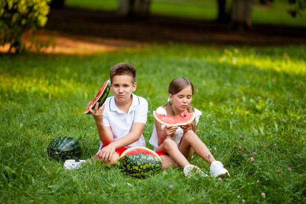 αγόρι και κορίτσι κάθονται στο γρασίδι και τρώνε ζουμερό καρπούζι - Φωτογραφία, εικόνα