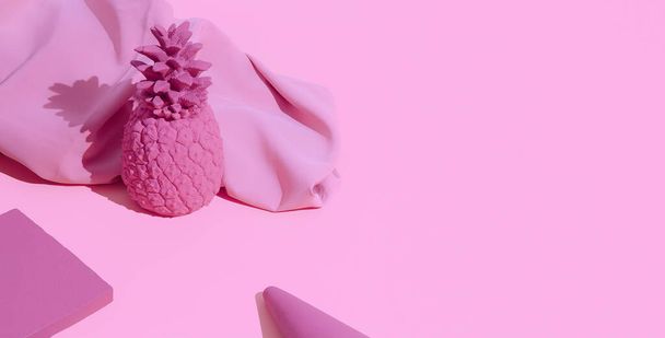 Minimal scene in isometric fashion abstract geometry objects and pineapple. Pink monochrome colours.  Copy space - Photo, Image