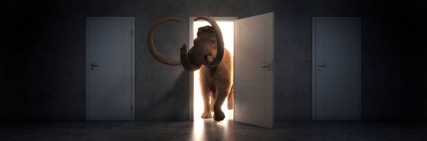 Mamut açık bir kapıya doğru yürür. 3d oluşturma - Fotoğraf, Görsel