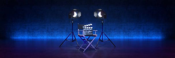 Video, film, sinema konsepti. Yönetmen koltuğu ve film alkışı. 3d oluşturma - Fotoğraf, Görsel