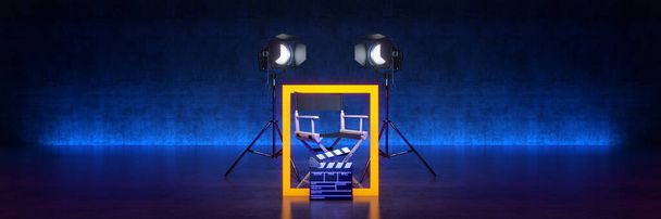 Video, movie, cinema concept. Director's chair and movie clapper. 3d rendering - Photo, Image