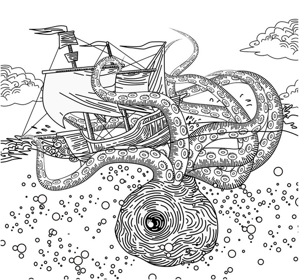 морський восьминогий монстр Кракен атакує корабель
 - Вектор, зображення