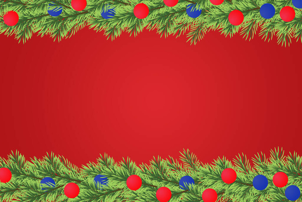 Border with Christmas and happty new year tree branches on red background - Photo, Image