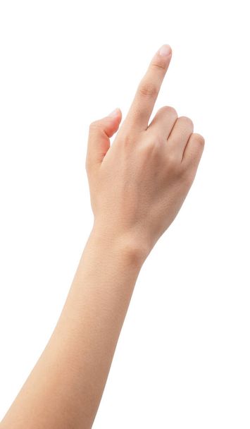 A woman's hand points to a white background - Photo, Image