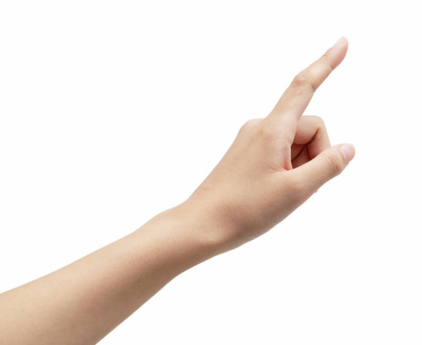 A woman's hand points to a white background - Foto, Bild