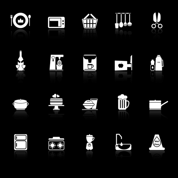 Home kitchen icons with reflect on black background - Vector, Image