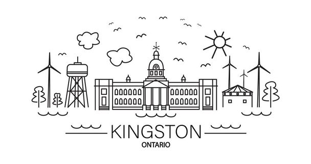 オンタリオ州キングストンの歴史的な都市の有名な観光スポットやランドマークを示すラインアート - ベクター画像