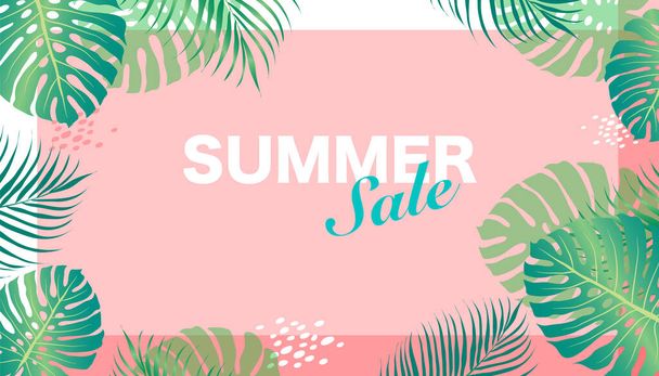 Vector design summer sale with flowers frame on blue background. palm tree foliage tropical. EPS10. - Vektori, kuva
