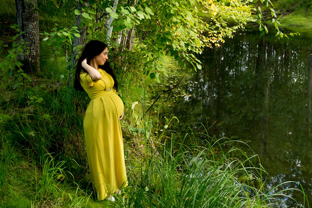 Sonbahar ormanında sarı elbiseli hamile bir kadının portresi. - Fotoğraf, Görsel