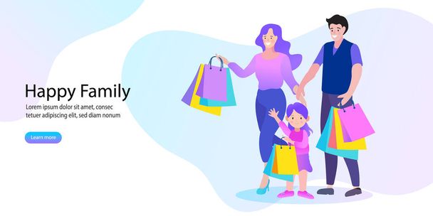 glückliche Familie und Kinder beim Einkaufen. Vater, Mutter und Kinder mit Paketen und Einkäufen. Vektorillustration eines Cartoon-Stils. - Vektor, Bild