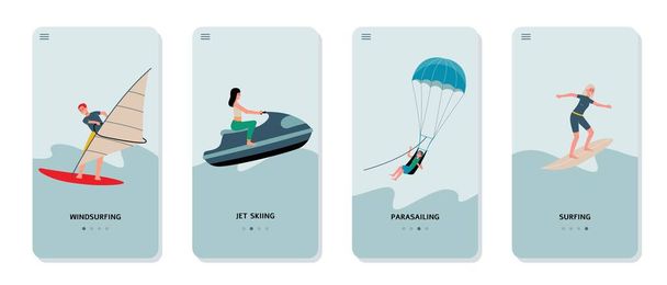 Extreme water sports mobile pages templates set flat vector illustration. - Vector, afbeelding