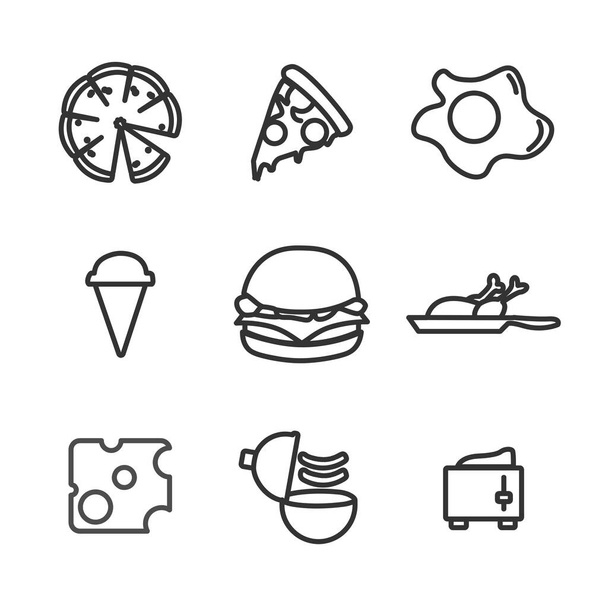 Food line icon set. meat, hamburger, fried egg, cheese, ice-cream, fried chicken, cupcake - Vector, Image