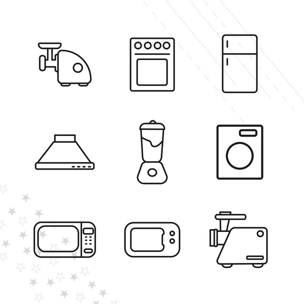 Cocina equipo eléctrico conjunto de iconos de línea con hervidor de agua, licuadora, nevera, estufa de gas, microondas, - Vector, imagen
