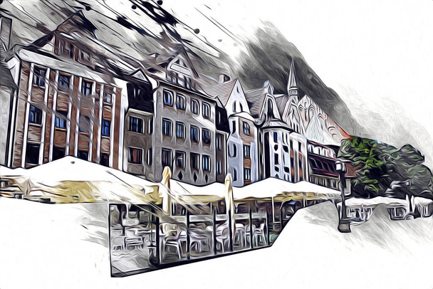 kolobrzeg oude stad, stadhuis, polen illustratie tekening schets - Foto, afbeelding