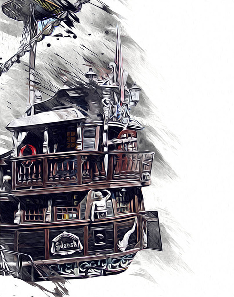 Πειρατικό πλοίο ιστιοπλοΐα στη θάλασσα εικονογράφηση τέχνη σκίτσο vintage - Φωτογραφία, εικόνα