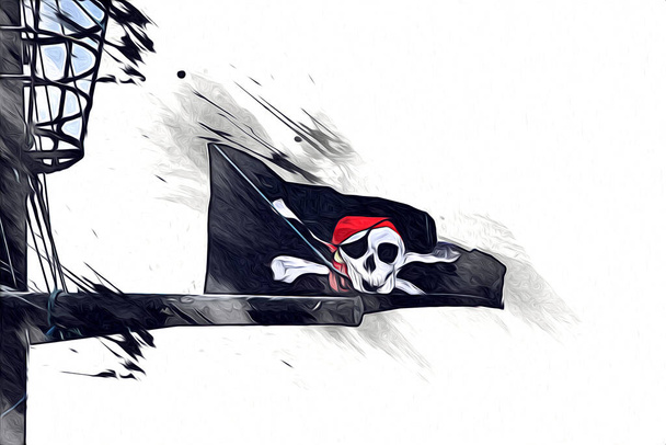 Crânio e ossos em uma bandeira pirata, ilustração de arte desenho esboço vintage
 - Foto, Imagem