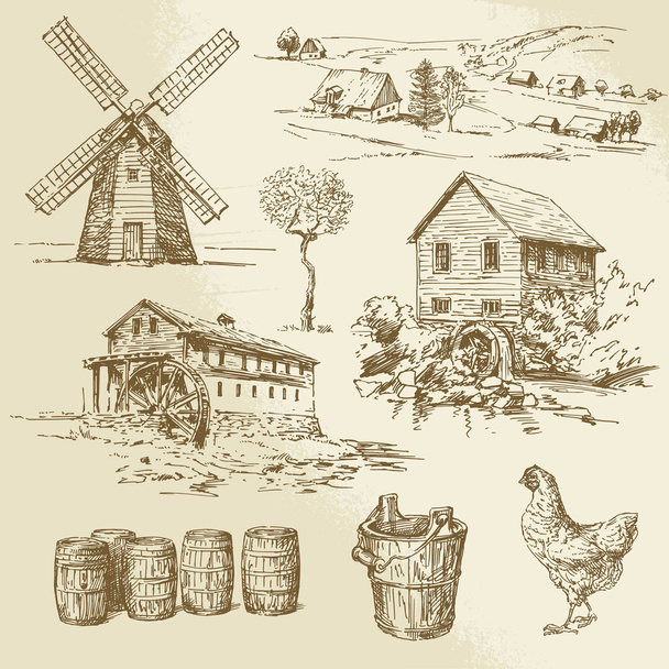 Watermill and windmill - hand drawn collection - Vector, Image
