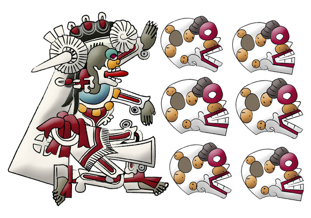 Mayan deity Mictlan, lord of underworld and skulls illustration on white background. - Photo, Image
