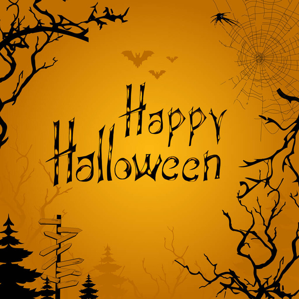 Хэллоуин баннер с черным лесом на оранжевом фоне. Страшная векторная иллюстрация для приглашений и желаний. - Вектор,изображение