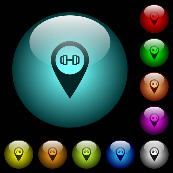 Gym GPS map location icons in color illuminated spherical glass buttons on black background. Can be used to black or dark templates - Vector, Image