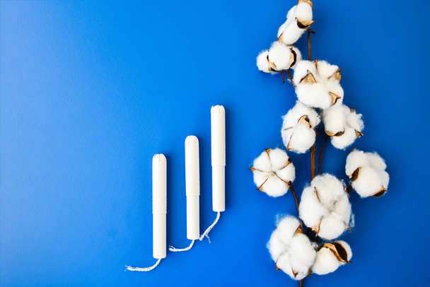 Menstrual tampons with cotton flowers on blue background. Cotton. women's health care, cotton tampon, intimate hygiene, gynecological menstruation cycle. Copy space, Top view. Mock up - Photo, Image