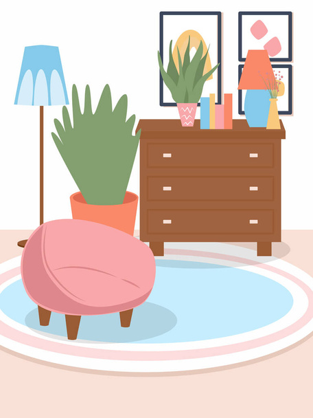 Interior moderno con muebles elegantes y decoración para el hogar. Ilustración plana vectorial de acogedora sala de estar en apartmnets. - Vector, Imagen