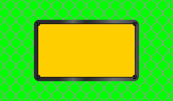 sinal de cautela retângulo amarelo colocado na cerca de arame de aço no fundo tela verde, grade de metal cerca, cerca de ferro fio isolado em verde, espaço de cópia - Vetor, Imagem