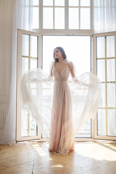 Delicate silhouette of a slender bride in a flowing dress against the background of a window. - Photo, Image