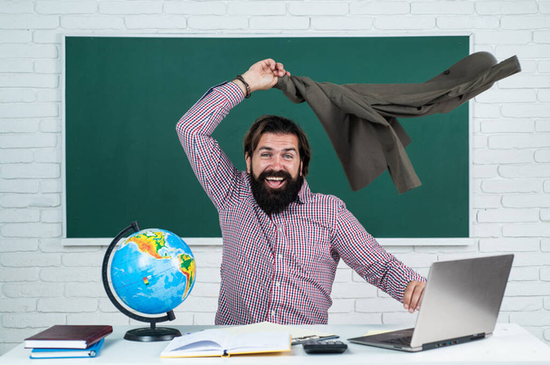 happiness. happy mature teacher feel happiness. brutal bearded man work in classroom and celebrating success. successful exam. college lecturer on lesson with jacket. back to school. formal education - Fotoğraf, Görsel