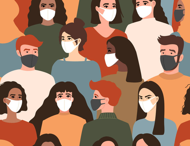 保護医療面マスク、シームレスなパターンで群衆の人々のグループ。手描きベクトルイラストで現代のトレンディーなフラット漫画スタイル. - ベクター画像