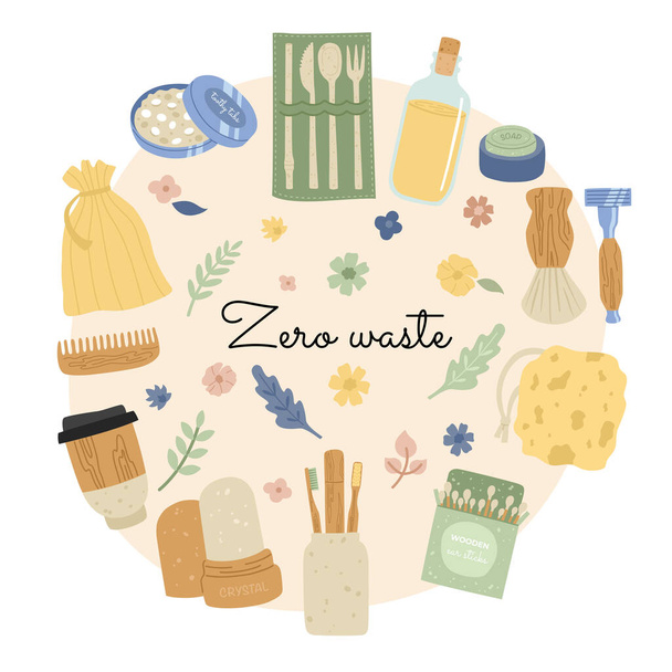 Hand drawing set of basic items zero waste on flowers background. Where to start using less plastic, main objects. Go green. Say no to plastic. Vector illustration.  - Vector, Image