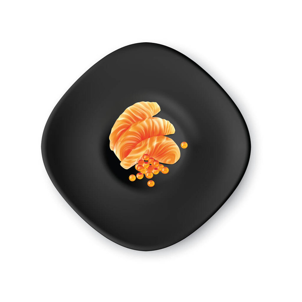 Частини RAW Salmon Fillet і Caviar на Black Plate Isolated. Наочні фрагменти Fresh Red Fish or Trout Sashimi Vector Illustration - Вектор, зображення