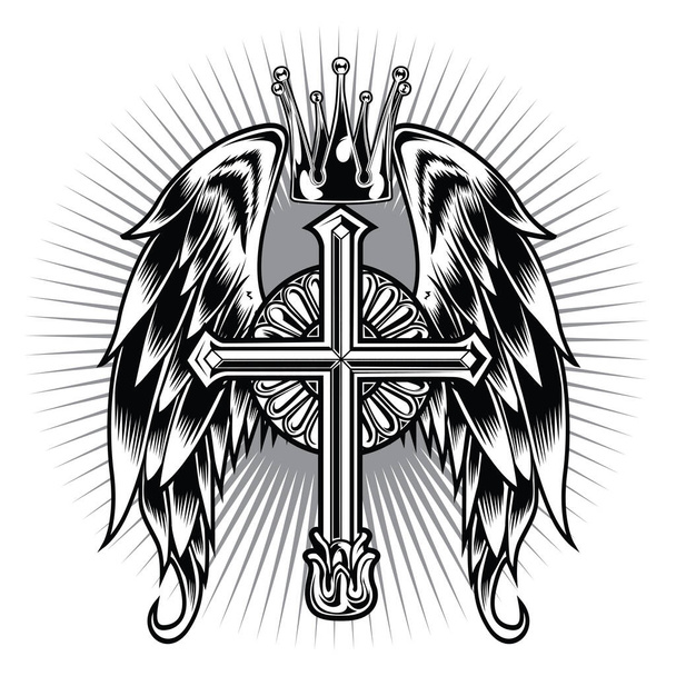 Christian Cross Wing CrownVector Zeichnung Blak Illustration  - Vektor, Bild