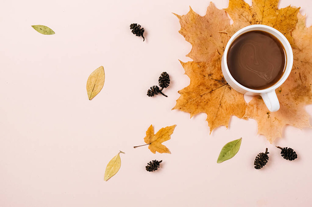 Close up composition with various dry leaves, little cones and coffee latte cup on pastel pink color background. Creative autumn, thanksgiving, fall, halloween concept. Flat lay, top view, copy space - Φωτογραφία, εικόνα