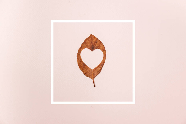 Creative Top view flat lay autumn composition dried leaf with heart carved in middle and white frame on pink background copy space Template sale mockup fall harvest thanksgiving promotion flyers - Fotografie, Obrázek