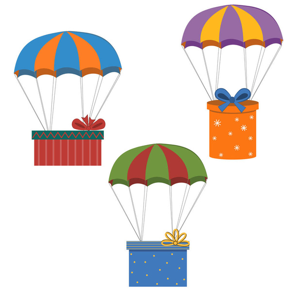 jogo de presentes multicores em um paraquedas isolado em um fundo branco, ilustração de vetor de cor, clipart, desenho, decoração - Vetor, Imagem