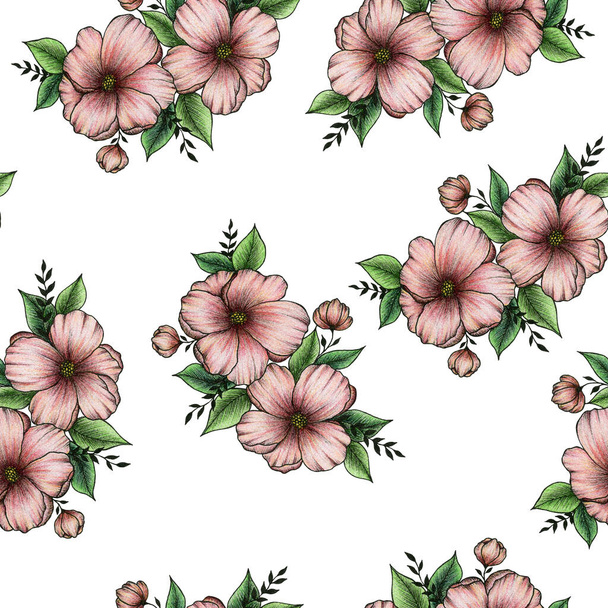 motif floral sans couture avec bouquet de fleurs pêche rose, fond floral de printemps et d'été, design fait main pour bannière, affiche, carte, invitation et album - Photo, image