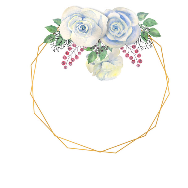 Fiori di rosa blu, foglie verdi, bacche in una cornice rotonda d'oro. Concetto di matrimonio con fiori. Composizione ad acquerello per la decorazione di biglietti di auguri o inviti - Foto, immagini