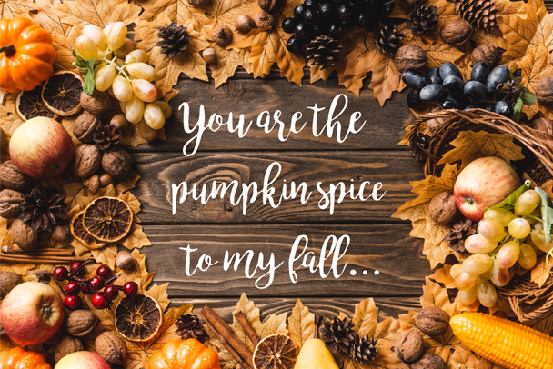 horní pohled na rám z podzimní sklizně a listí vedle vás jsou dýňové koření na mém podzimním nápisu na dřevěném pozadí - Fotografie, Obrázek