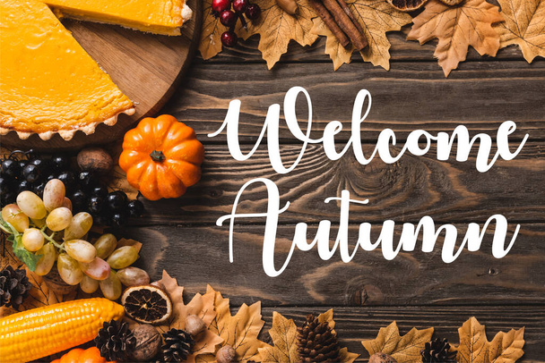 top view of decoration and pumpkin pie near welcome autumn lettering on wooden background - Fotó, kép