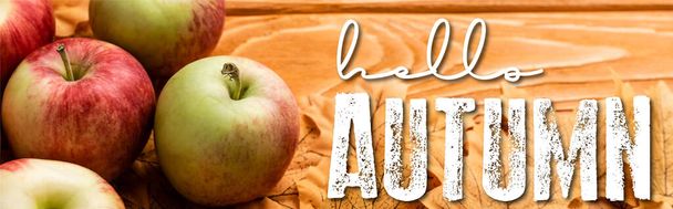 dojrzałe jabłka i liście w pobliżu witaj jesień napis na drewnianym tle, zdjęcie panoramiczne - Zdjęcie, obraz