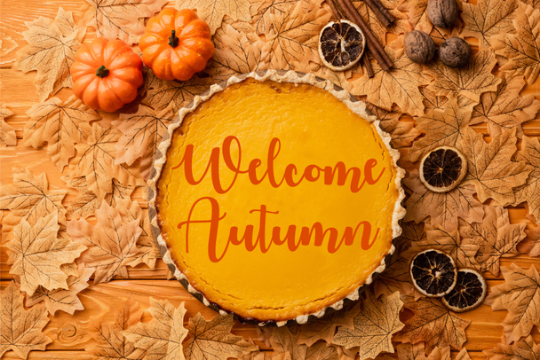 vue du dessus de tarte à la citrouille avec décoration automnale près de bienvenue lettrage d'automne sur fond en bois - Photo, image