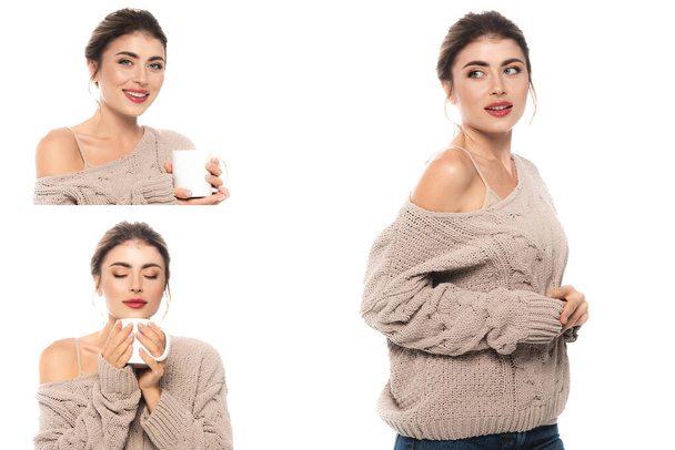 collage de mujer sensual en suéter de punto elegante sosteniendo taza de té aislado en blanco - Foto, imagen