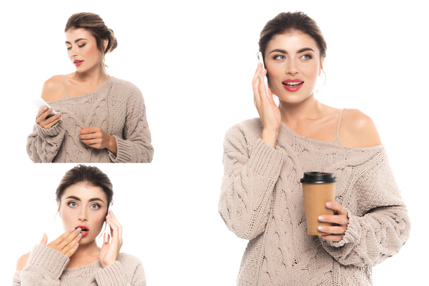 κολάζ της κομψής, συναισθηματική γυναίκα σε πλεκτό πουλόβερ χρησιμοποιώντας το κινητό τηλέφωνο και κρατώντας καφέ για να πάει απομονωμένο σε λευκό - Φωτογραφία, εικόνα